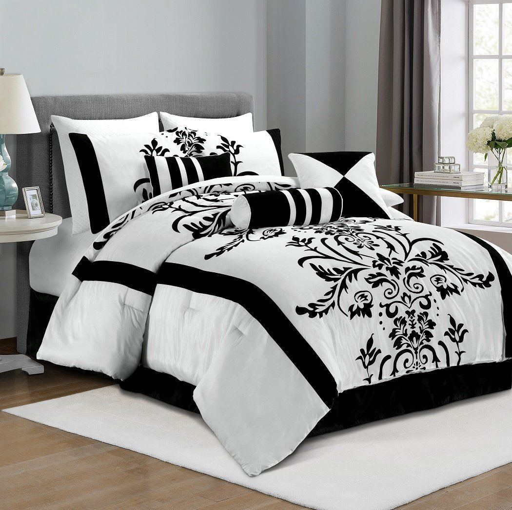 Black and white bedding~ Black and white bedroom ideas. Floral pattern