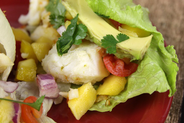 Lime fish lettuce tacos recipe with mango cilantro salsa- grain free, gluten free, dairy free, Paleo, Whole30