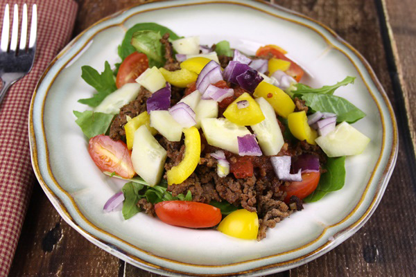 Taco salad- Grain free, gluten free, dairy free. Loaded with fresh greens and veggies! Whole30