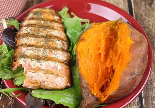 Whole 30 meal idea~ Garlic Dill Salmon Recipe and Slow Baked Sweet Potato