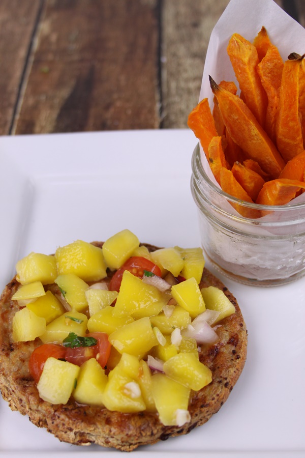 grilled chicken burger with mango salsa and sweet potato oven fries, grain free, gluten free, Whole30, Paleo