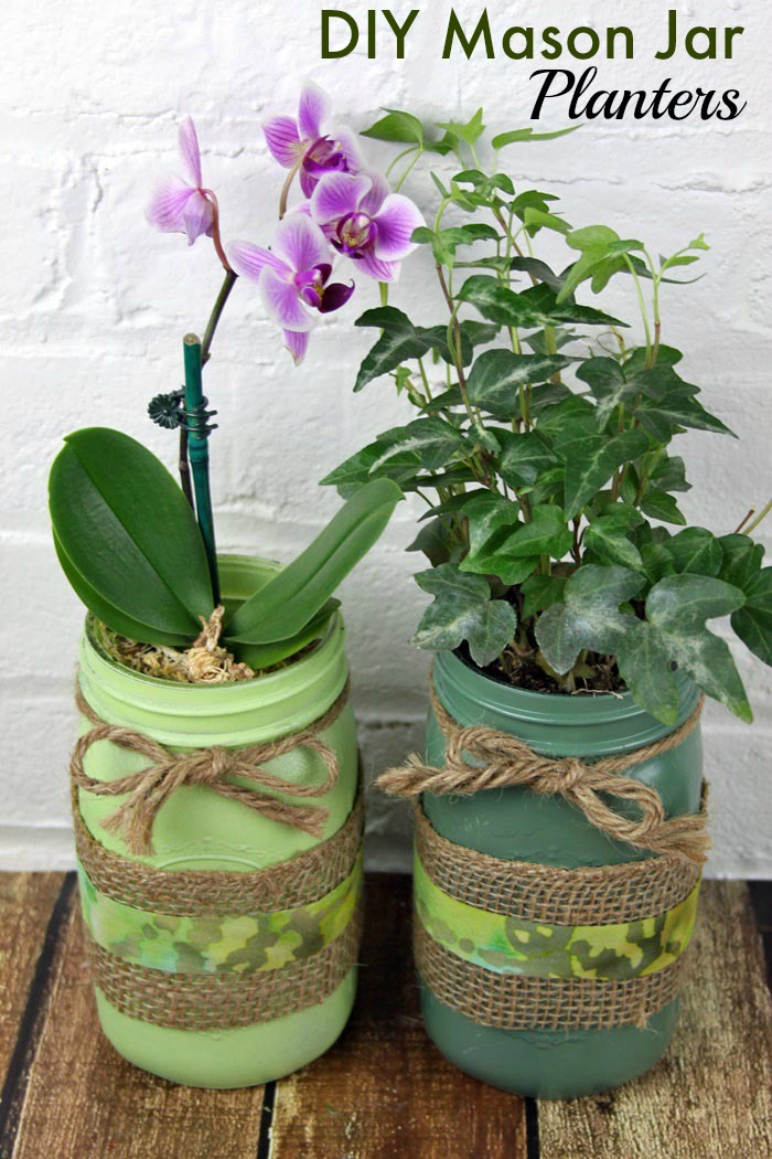 DIY mason jar planters with burlap and twine in green for spring and St. Patrick's Day~ But these fun planters could be done in any color!