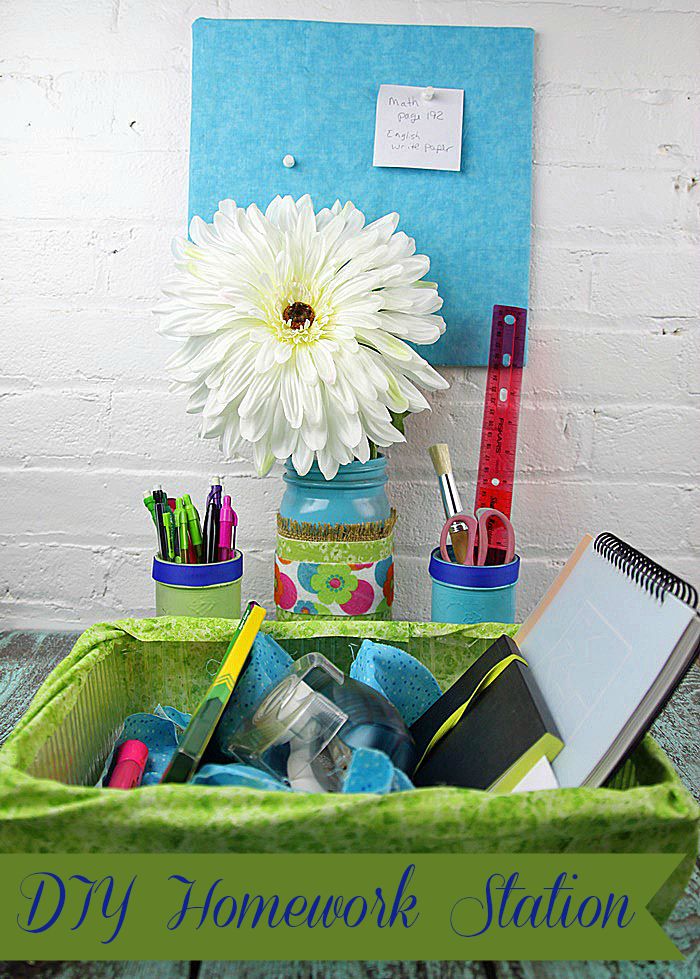 DIY Easy homework station with suppy and pencil holder, bulletin board