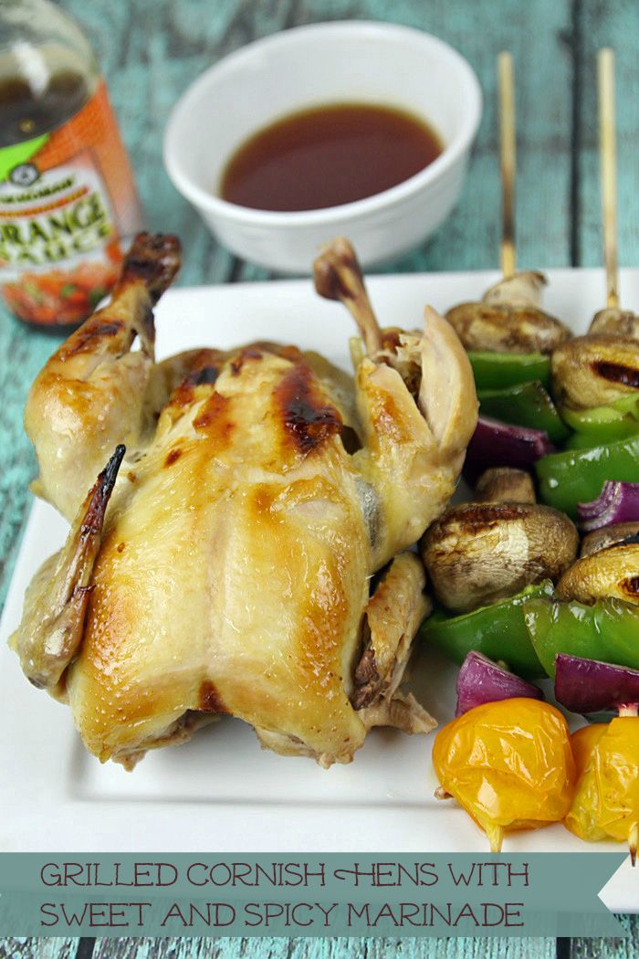 Cornish hens on the grill with sweet and spicy marinade