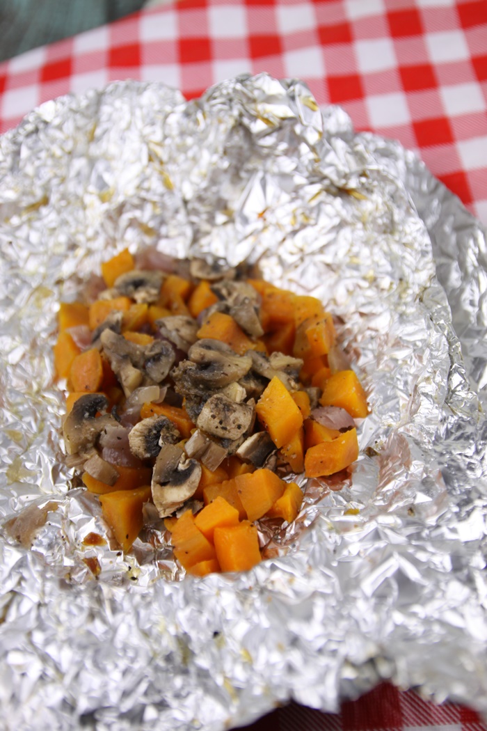 sweet potato foil pack recipe with mushrooms and onions