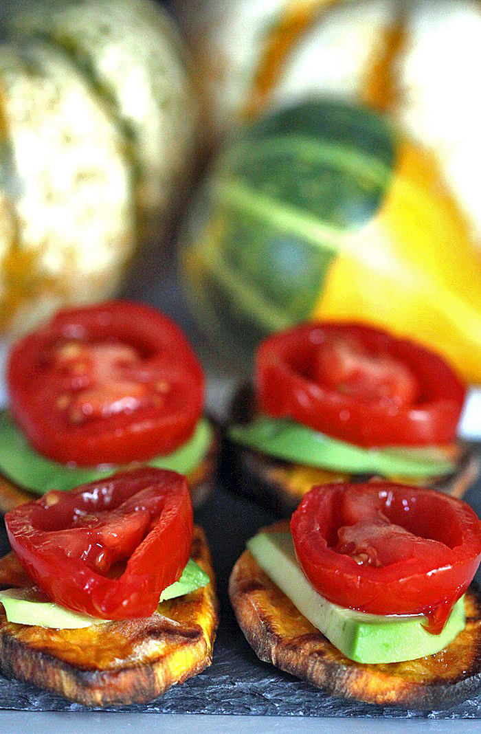 Grilled sweet potato bites appetizer recipe with avocado and tomato. 