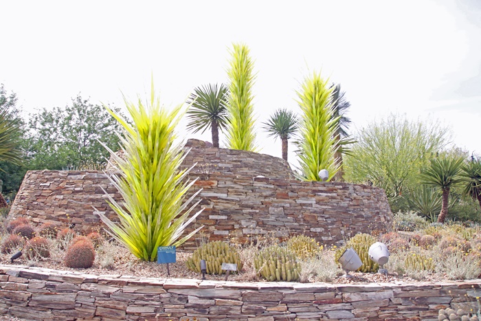 Desert Botanical Garden Phoenix Arizona~ Chihuly Art lime green Icicle towers front gate