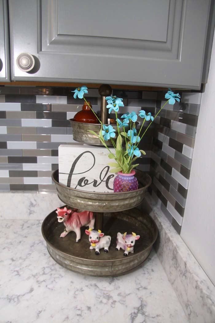 Gray farmhouse kitchen remodel, tiered tray. 